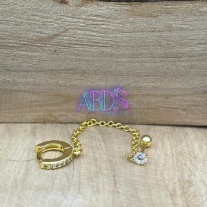 پیرسینگ گوش زنجیری دو تکه طرح حلقه و تک نگین طلایی با آبکاری درجه یک