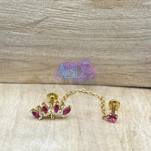 پیرسینگ گوش زنجیردار طرح تاج نگین یاقوتی طلایی آبدیس